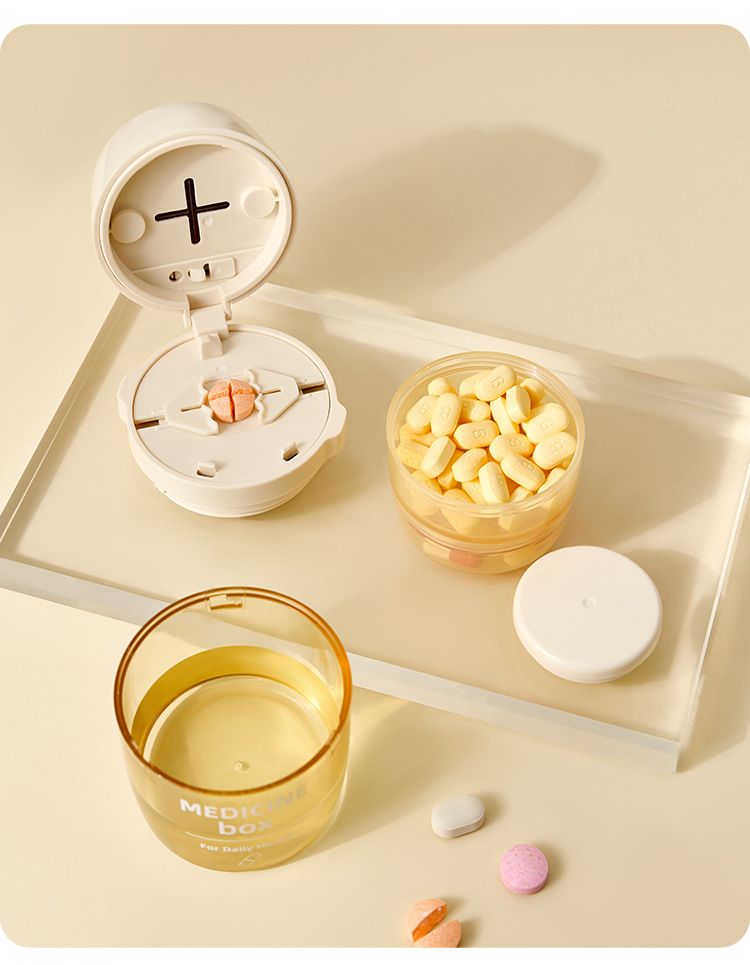 Beige 3-in-1 Pill Cutter, Crusher & Organizer Box with Built-in Water Cup - Portable Medicine Storage V888-ELOSUNG47301