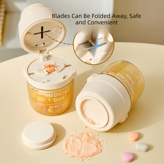 2 Pcs Beige 3-in-1 Pill Cutter, Crusher & Organizer Box with Built-in Water Cup - Portable Medicine Storage V888-ELOSUNG47302