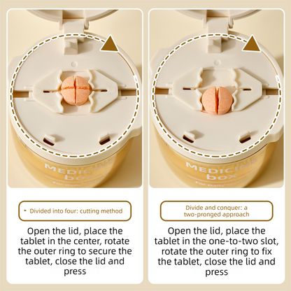 2 Pcs Beige 3-in-1 Pill Cutter, Crusher & Organizer Box with Built-in Water Cup - Portable Medicine Storage V888-ELOSUNG47302