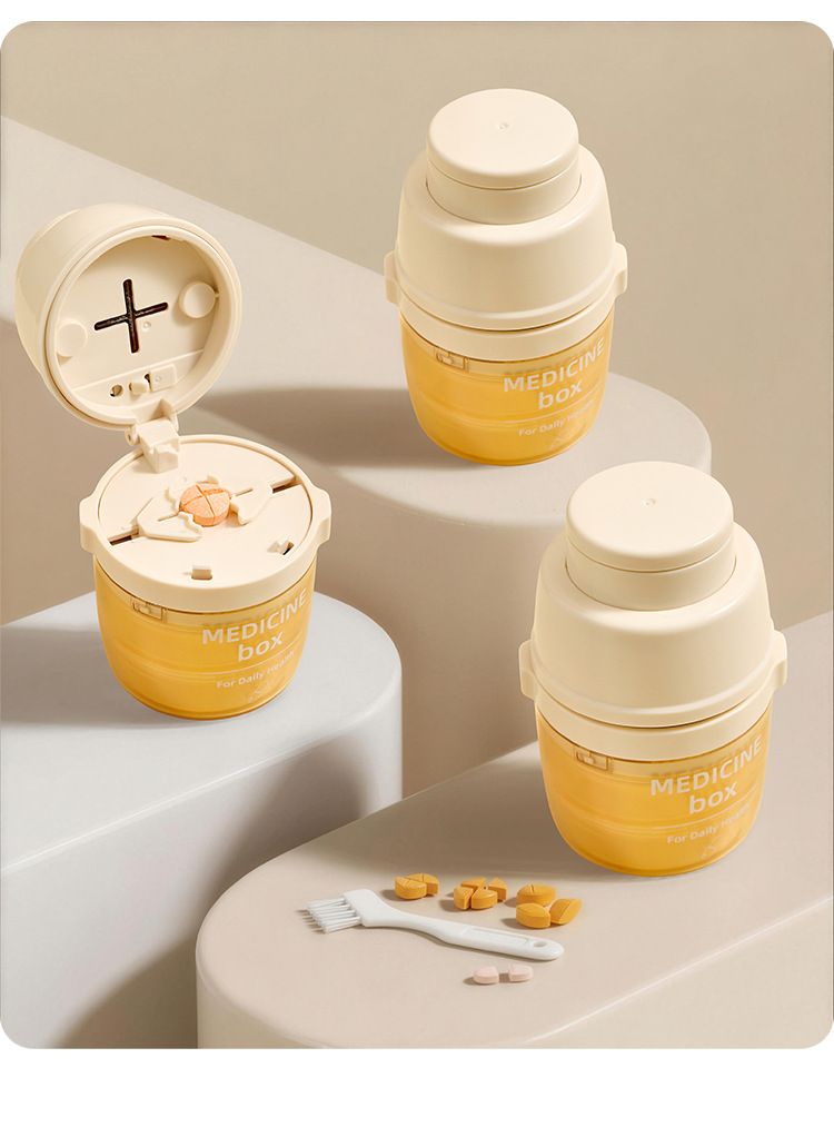2 Pcs Beige 3-in-1 Pill Cutter, Crusher & Organizer Box with Built-in Water Cup - Portable Medicine Storage V888-ELOSUNG47302