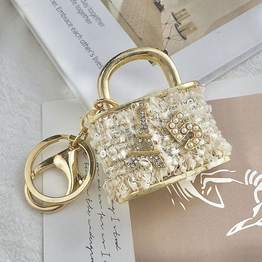 Beige Sparkling Rhinestone Lock Keychain - 3D Mini Handbag Charm with Alloy & Canvas Detail, Perfect Gift for V888-ELOSUNG47303