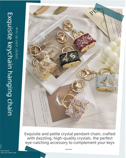 Beige Sparkling Rhinestone Lock Keychain - 3D Mini Handbag Charm with Alloy & Canvas Detail, Perfect Gift for V888-ELOSUNG47303