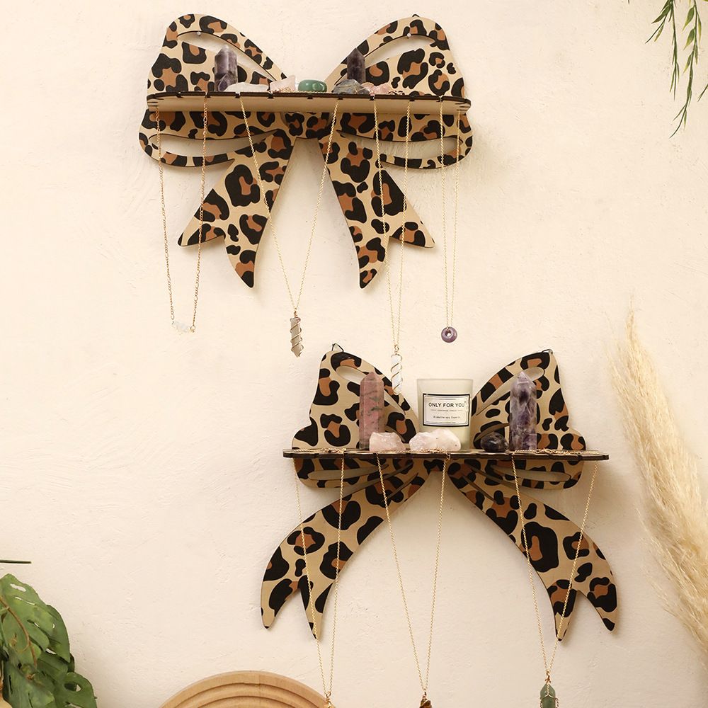 Brown Style B Leopard Print Bow Wall Shelf - Decorative Wooden Floating Storage Rack for Bedroom & Living Room V888-ELOSUNG47320