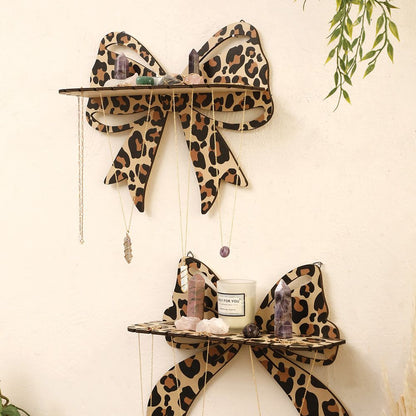 Brown Style B Leopard Print Bow Wall Shelf - Decorative Wooden Floating Storage Rack for Bedroom & Living Room V888-ELOSUNG47320
