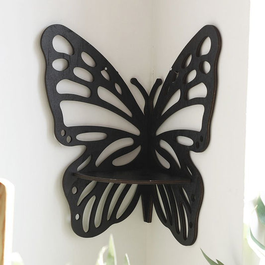 Black Wooden Butterfly Wall Shelf - Hollow-Out Decorative Corner Storage Rack for Home & Bedroom V888-ELOSUNG47322