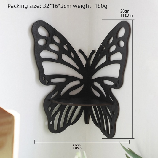 Black Wooden Butterfly Wall Shelf - Hollow-Out Decorative Corner Storage Rack for Home & Bedroom V888-ELOSUNG47322