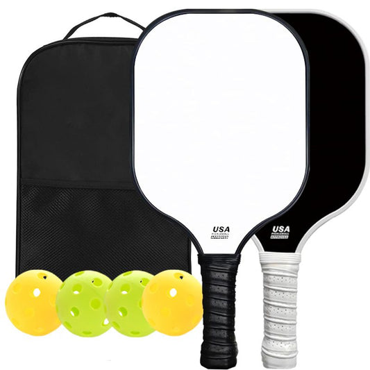 Black and White Fiberglass Pickleball Paddle Set - 2 Minimalist Paddles, 4 Balls, and Carry Bag for Outdoor V888-ELOSUNG47328
