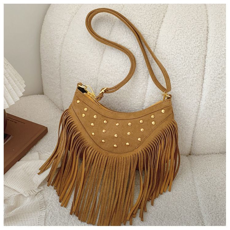Khaki Vintage Boho Fringe Crossbody Bag - Retro Studded PU Leather Shoulder Purse with Adjustable Strap V888-ELOSUNG47329