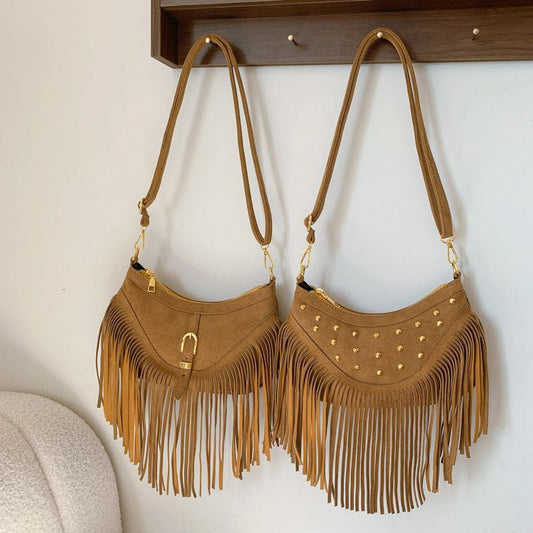 Khaki Vintage Boho Fringe Crossbody Bag - Retro Studded PU Leather Shoulder Purse with Adjustable Strap V888-ELOSUNG47329