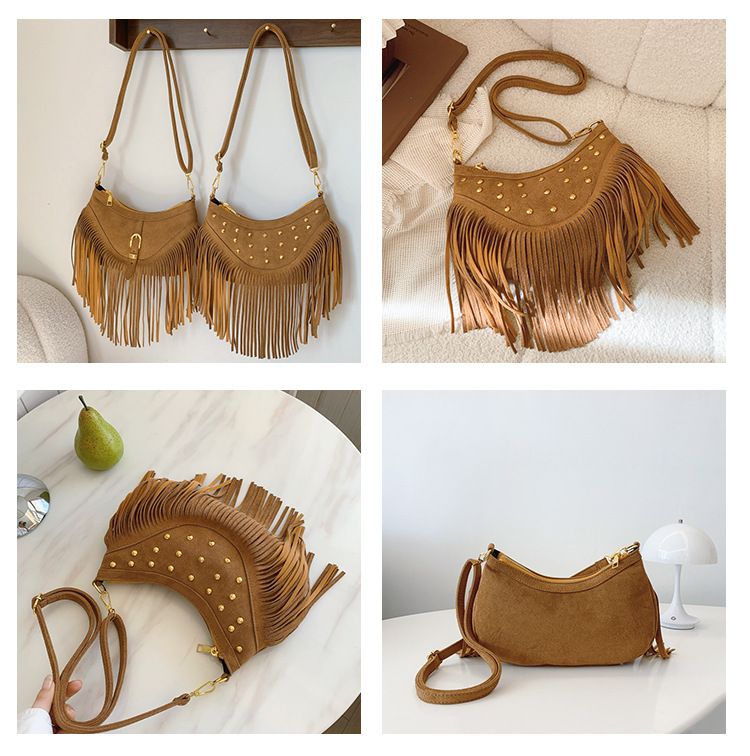 Khaki Vintage Boho Fringe Crossbody Bag - Retro Studded PU Leather Shoulder Purse with Adjustable Strap V888-ELOSUNG47329