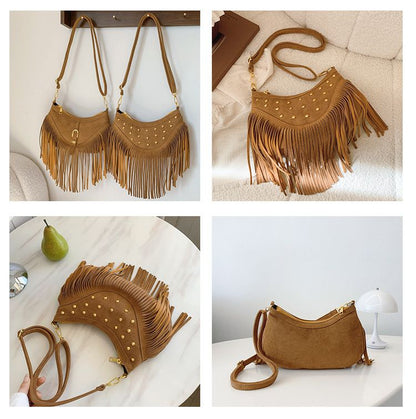Khaki Vintage Boho Fringe Crossbody Bag - Retro Studded PU Leather Shoulder Purse with Adjustable Strap V888-ELOSUNG47329
