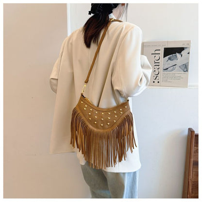 Khaki Vintage Boho Fringe Crossbody Bag - Retro Studded PU Leather Shoulder Purse with Adjustable Strap V888-ELOSUNG47329