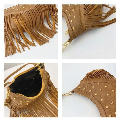 Khaki Vintage Boho Fringe Crossbody Bag - Retro Studded PU Leather Shoulder Purse with Adjustable Strap V888-ELOSUNG47329