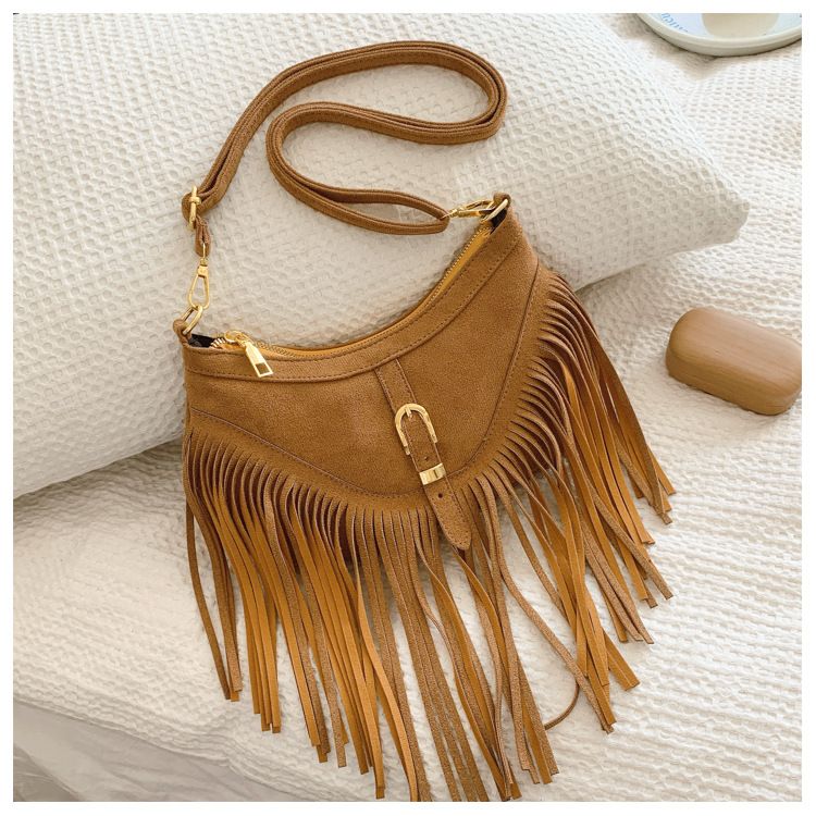 Khaki Vintage Boho Fringe Crossbody Bag - Retro Locking design PU Leather Shoulder Purse with Adjustable Strap V888-ELOSUNG47330