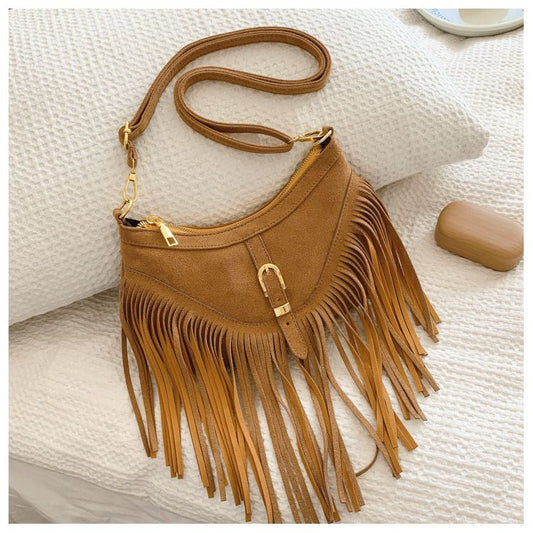 Khaki Vintage Boho Fringe Crossbody Bag - Retro Locking design PU Leather Shoulder Purse with Adjustable Strap V888-ELOSUNG47330