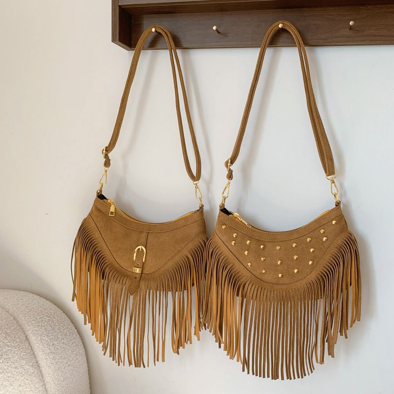 Khaki Vintage Boho Fringe Crossbody Bag - Retro Locking design PU Leather Shoulder Purse with Adjustable Strap V888-ELOSUNG47330