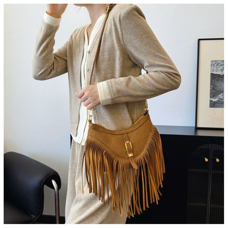 Khaki Vintage Boho Fringe Crossbody Bag - Retro Locking design PU Leather Shoulder Purse with Adjustable Strap V888-ELOSUNG47330