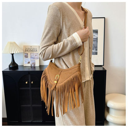 Khaki Vintage Boho Fringe Crossbody Bag - Retro Locking design PU Leather Shoulder Purse with Adjustable Strap V888-ELOSUNG47330