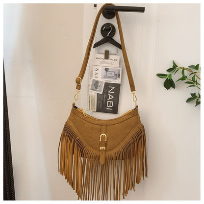 Khaki Vintage Boho Fringe Crossbody Bag - Retro Locking design PU Leather Shoulder Purse with Adjustable Strap V888-ELOSUNG47330