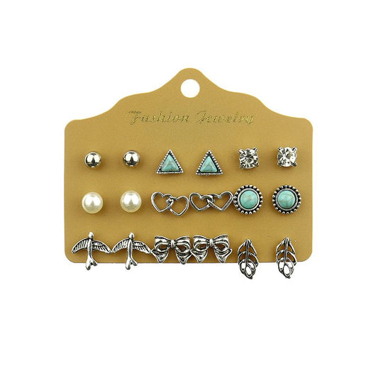Alloy Stud Earring Set - 9 Pairs with Heart, Leaf & Turquoise Designs for Women V888-ELOSUNG47333