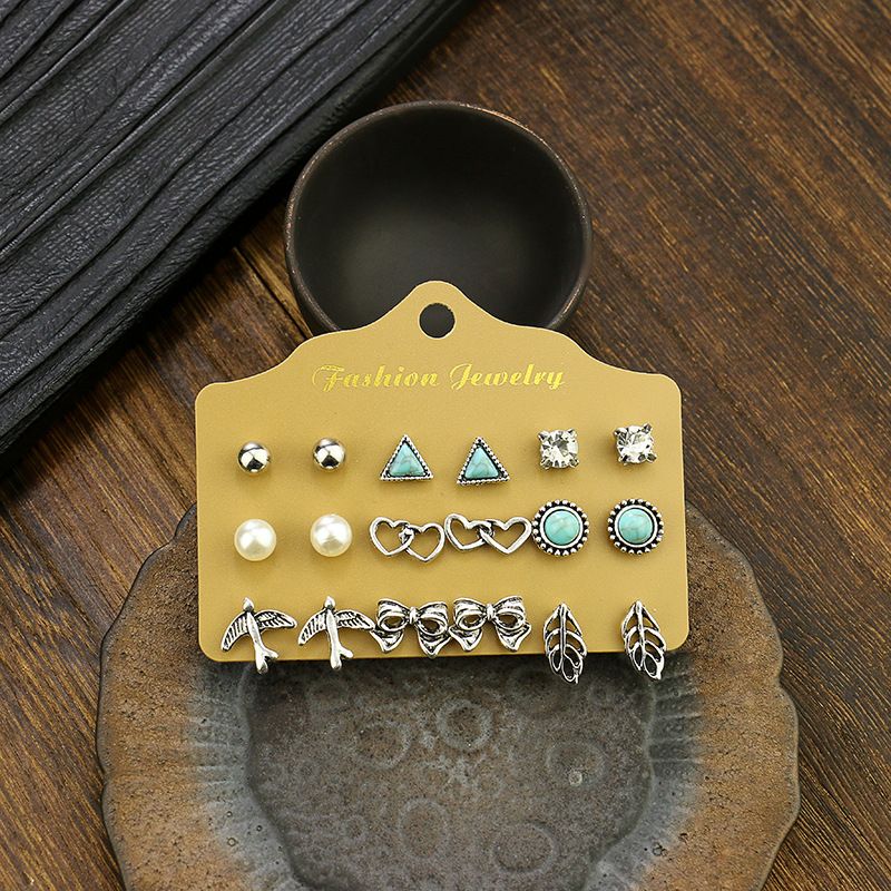 Alloy Stud Earring Set - 9 Pairs with Heart, Leaf & Turquoise Designs for Women V888-ELOSUNG47333