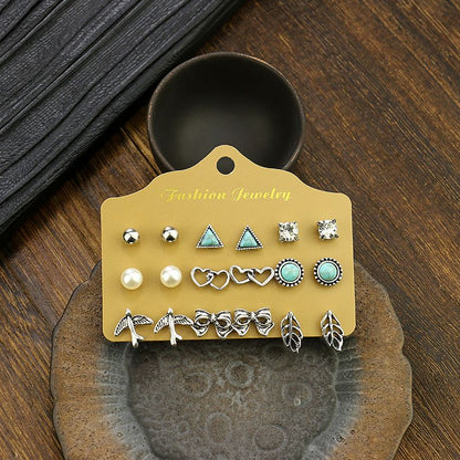 Alloy Stud Earring Set - 9 Pairs with Heart, Leaf & Turquoise Designs for Women V888-ELOSUNG47333