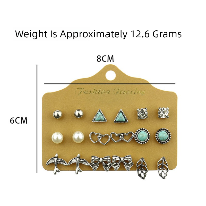 Alloy Stud Earring Set - 9 Pairs with Heart, Leaf & Turquoise Designs for Women V888-ELOSUNG47333