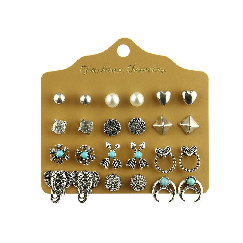 Alloy Stud Earring Set - 12 Pairs with Heart, Leaf & Turquoise Designs for Women V888-ELOSUNG47334