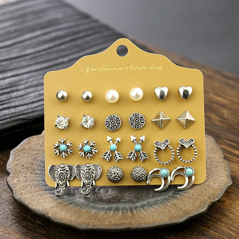 Alloy Stud Earring Set - 12 Pairs with Heart, Leaf & Turquoise Designs for Women V888-ELOSUNG47334