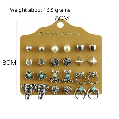 Alloy Stud Earring Set - 12 Pairs with Heart, Leaf & Turquoise Designs for Women V888-ELOSUNG47334