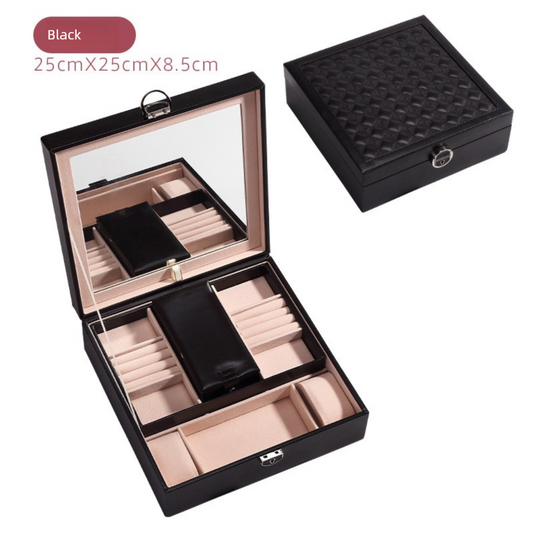 Black Large PU Leather Jewelry Box with Mirror & Lock - Velvet Lined Organizer for Rings, Necklaces & Watches V888-ELOSUNG47335