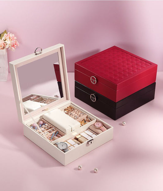 Black Large PU Leather Jewelry Box with Mirror & Lock - Velvet Lined Organizer for Rings, Necklaces & Watches V888-ELOSUNG47335