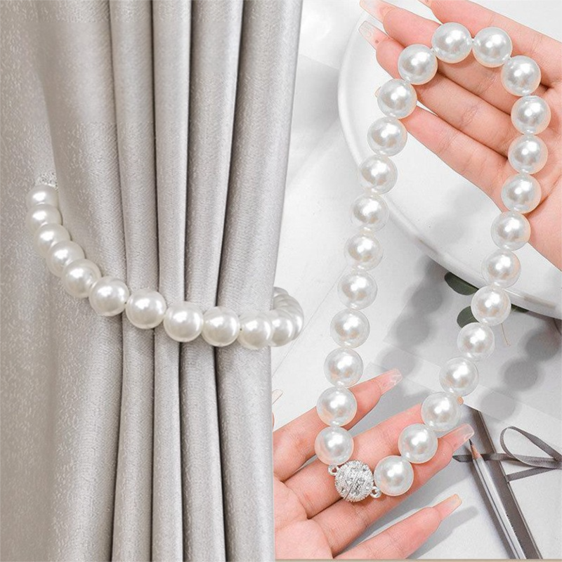 3 Pairs Magnetic Pearl Curtain Tiebacks(40cm) - No-Drill ABS Bead Holdback with Rhinestone Clasp V888-ELOSUNG47339