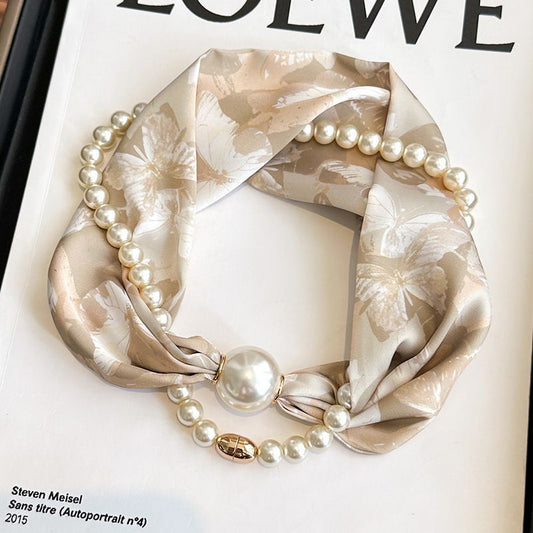 Beige 2-in-1 Magnetic Pearl Scarf & Necklace Set - Floral Print Polyester Neck Wrap with Detachable Bead Chain V888-ELOSUNG47340