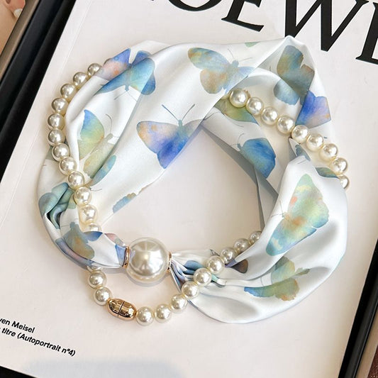 Blue Butterfly 2-in-1 Magnetic Pearl Scarf & Necklace Set - Floral Print Polyester Neck Wrap with Detachable V888-ELOSUNG47341