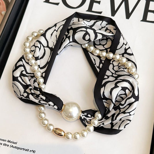 Black flowers 2-in-1 Magnetic Pearl Scarf & Necklace Set - Floral Print Polyester Neck Wrap with Detachable V888-ELOSUNG47343