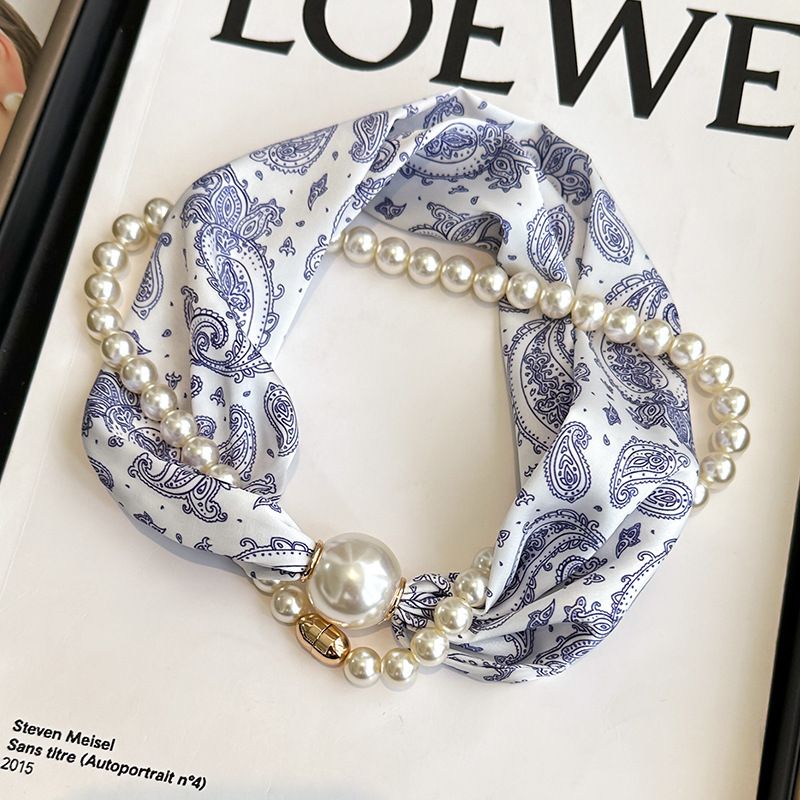 Blue porcelain pattern 2-in-1 Magnetic Pearl Scarf & Necklace Set - Floral Print Polyester Neck Wrap with V888-ELOSUNG47344