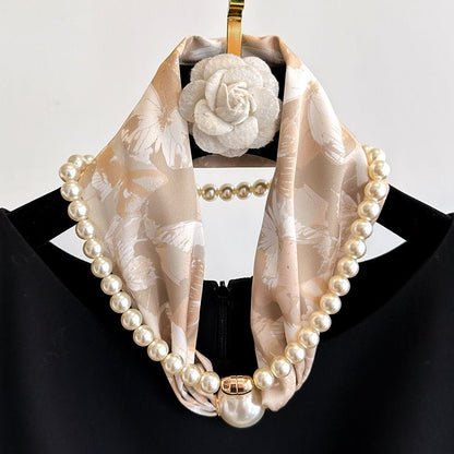 Blue porcelain pattern 2-in-1 Magnetic Pearl Scarf & Necklace Set - Floral Print Polyester Neck Wrap with V888-ELOSUNG47344