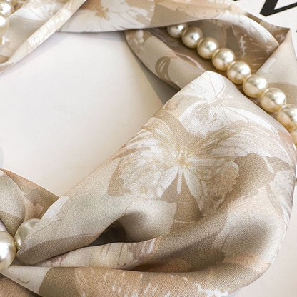 Blue porcelain pattern 2-in-1 Magnetic Pearl Scarf & Necklace Set - Floral Print Polyester Neck Wrap with V888-ELOSUNG47344
