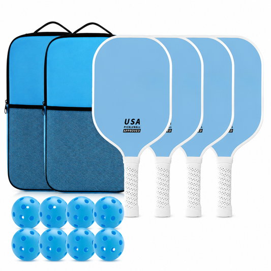 Blue Fiberglass Pickleball Paddle Set - 4 Minimalist Paddles, 8 Balls, and 2 Carry Bags for Outdoor Play V888-ELOSUNG47347