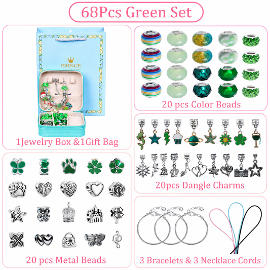 Green Kids DIY Bead Jewelry Making Kit - 68 Pcs Alloy & Plastic Charm Bracelet & Necklace Set with Storage V888-ELOSUNG47355