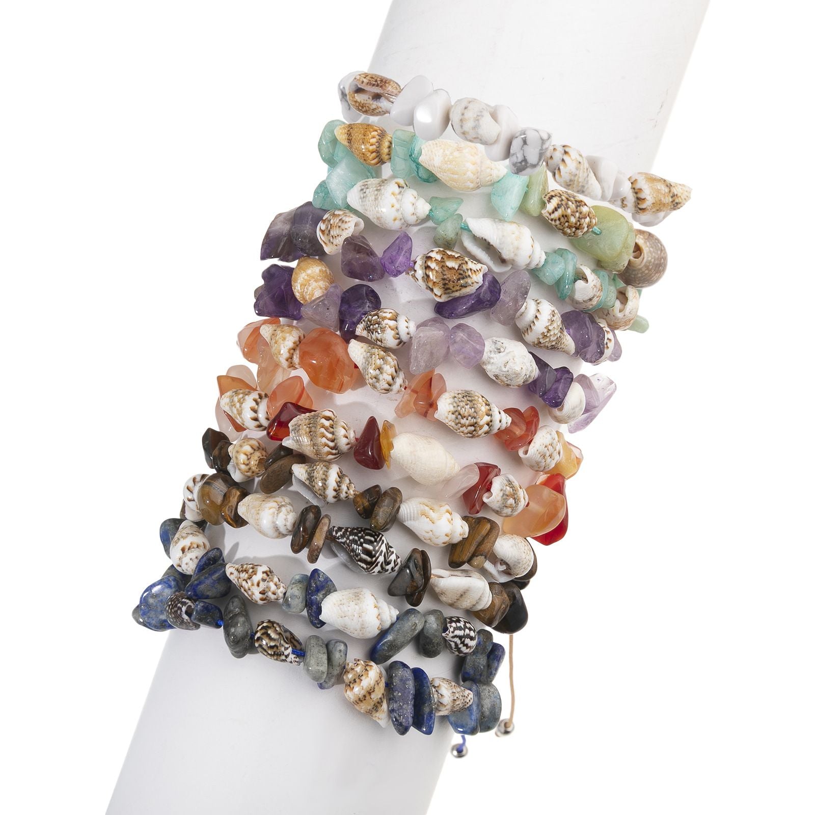 Boho Braided Shell & Crystal Bracelet Set - 12-Piece Adjustable Woven Jewelry with Conch, Beads & Stone Charms V888-ELOSUNG47392