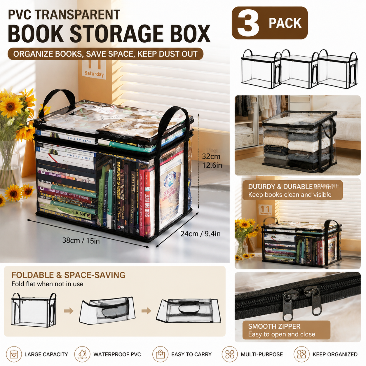 3 Pcs Large Clear PVC Book Storage Box - Foldable, Dustproof & Transparent Organizer with Handles for Home, V888-ELOSUNG47394