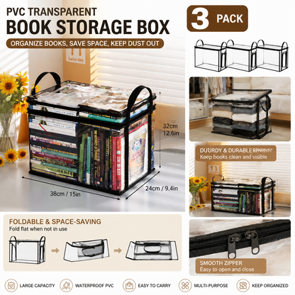 3 Pcs Large Clear PVC Book Storage Box - Foldable, Dustproof & Transparent Organizer with Handles for Home, V888-ELOSUNG47394