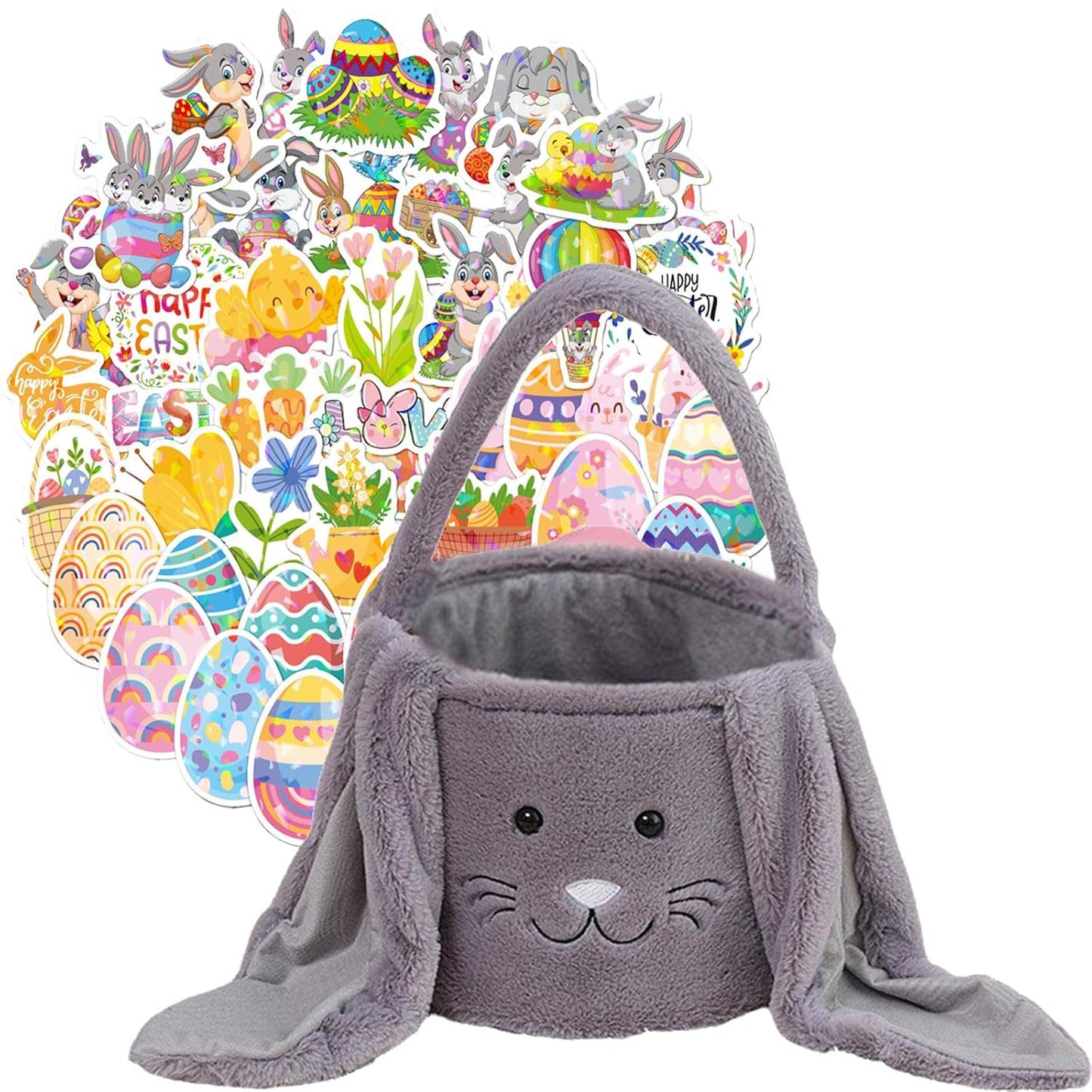 Pink Cute Plush Bunny Easter Basket with Long Ears and Personalization Option for Kids Egg Hunt and Spring V888-ELOSUNG48001