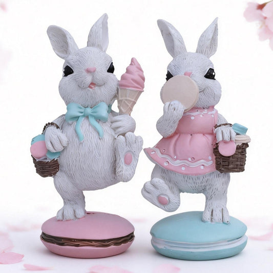 White Cute Resin Bunny Figurines Set of 2 in Pastel Colors for Home Office Desk or Shelf Decoration V888-ELOSUNG48009