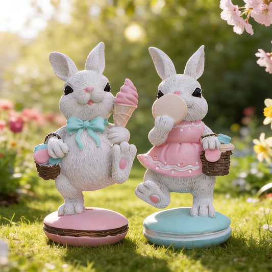 White Cute Resin Bunny Figurines Set of 2 in Pastel Colors for Home Office Desk or Shelf Decoration V888-ELOSUNG48009