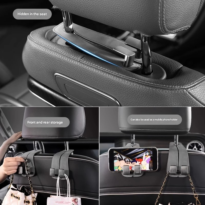 Black 4-Pack Car Seat Back Hooks - Hidden Suede Leather with Metal Hooks for Storage and Phone Stand V888-ELOSUNG48042