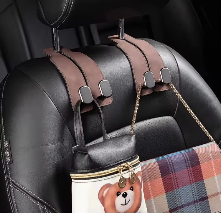 Brown 4-Pack Car Seat Back Hooks - Hidden Suede Leather with Metal Hooks for Storage and Phone Stand V888-ELOSUNG48044