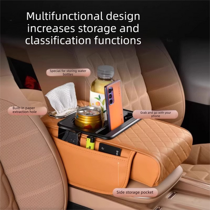 Black Car Central Armrest Box Raiser Pad with Cup Holder, Tissue Box & Phone Storage - 4-in-1 V888-ELOSUNG48045